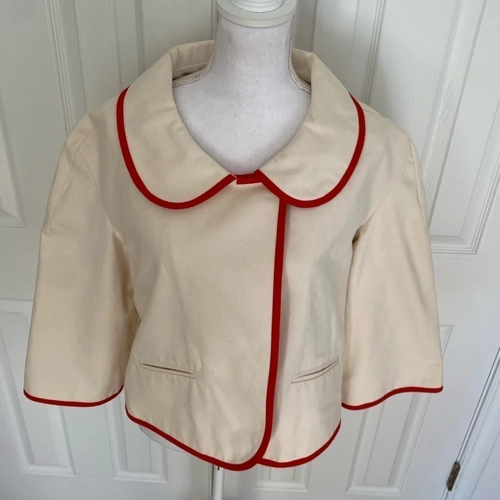Kate Spade- NWOT Ivory Canvas Cropped Jacket with Red Piping Trim